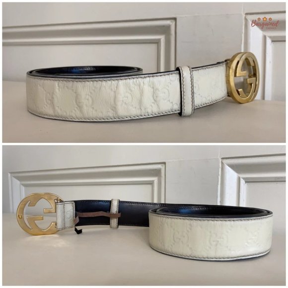 Authentic Gucci Cream Guccissima Leather Gold Interlocking G Buckle Belt 90/36 - Picture 10 of 14